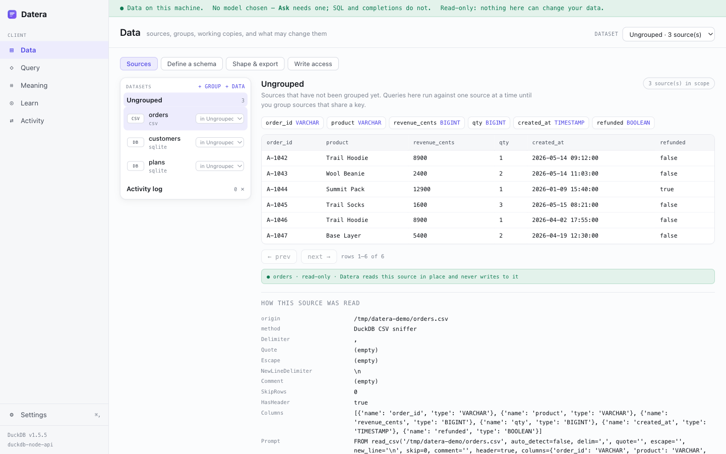 Datera showing a CSV and a SQLite database connected side by side, with their columns, a preview of the rows, and a panel explaining exactly how the file was parsed.